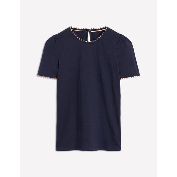 Women's Size 8/M Boden Ali Jersey T-Shirt Navy Blue Short Sleeve Pom Pom Keyhole - Picture 7 of 8
